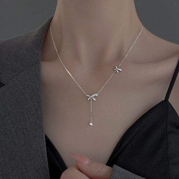 NEW Silver Gold Copper Zircon Bow Knot Tassel Necklace - Picture 2 of 9